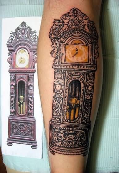 Grandfather Clock Tattoo On Back Leg