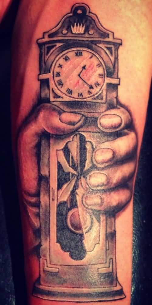 Grandfather Clock Tattoo On Left Forearm