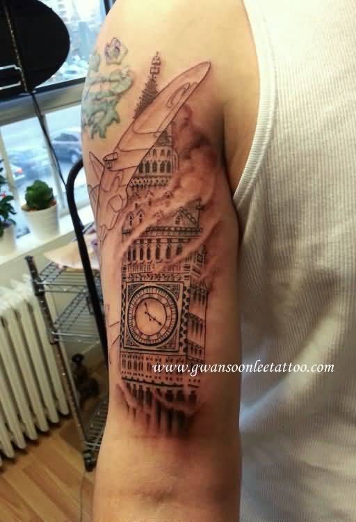 Grandfather Clock Tattoo On Man Half Sleeve