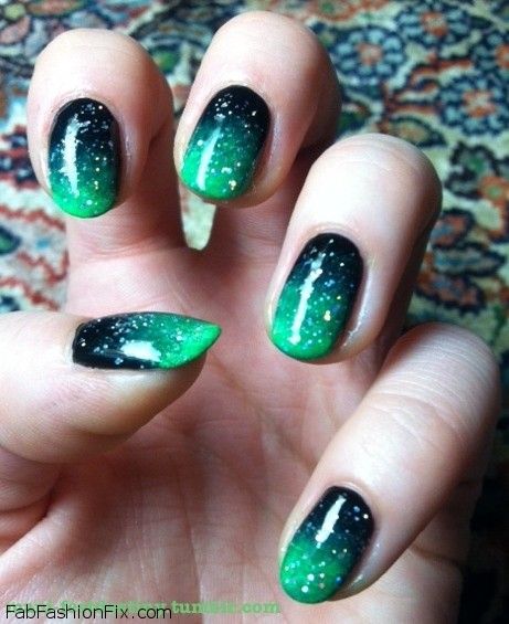 Green And Black Gel Ombre Nail Art Design