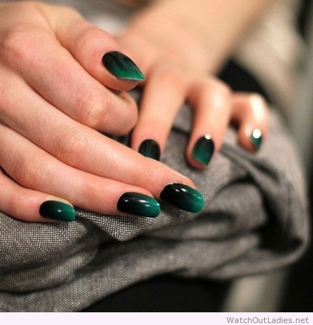 Green And Black Glossy Ombre Nail Art