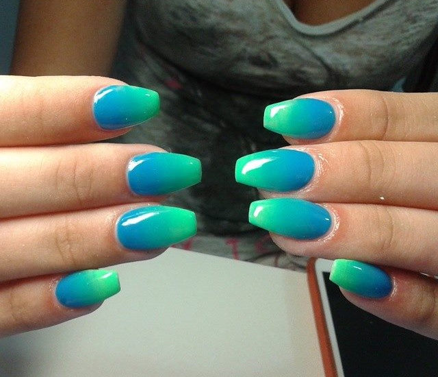 Green And Blue Glossy Ombre Nail Art