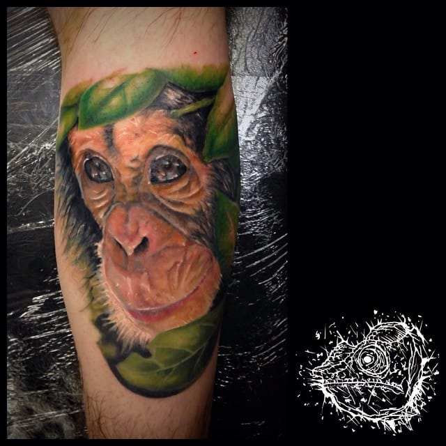 Green Leaves And Chimpanzee Tattoo by Dan Lockett