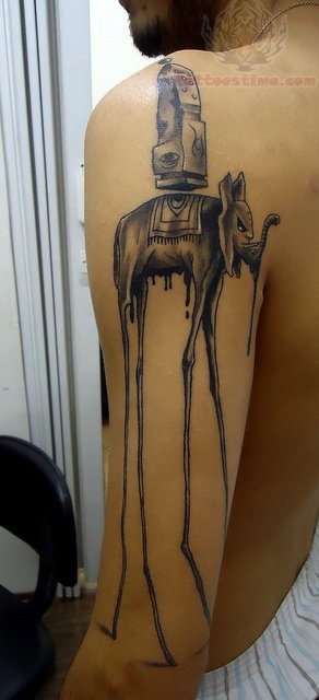 Grey And Black Dali Elephant Tattoo On Half Sleeve