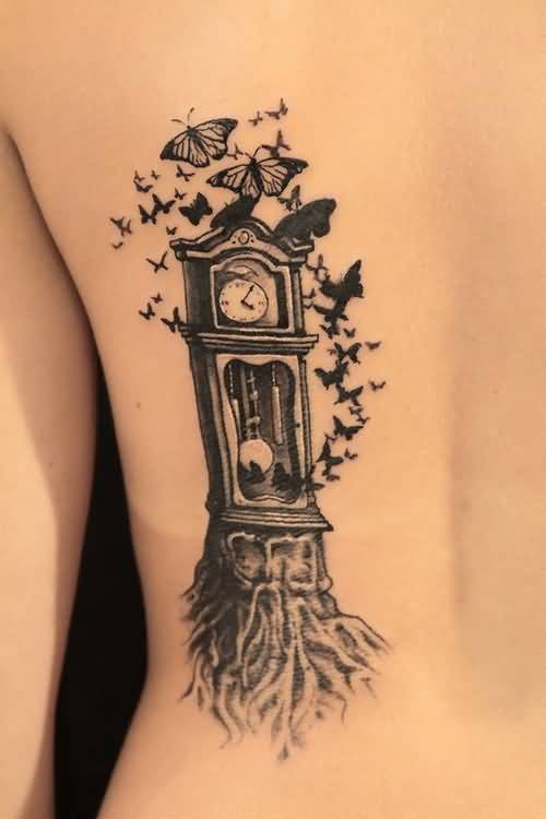 Grey Butterflies And Clock Tattoo On Full Back