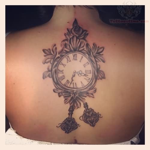 Grey Clock Tattoo On Upper Back For Girls