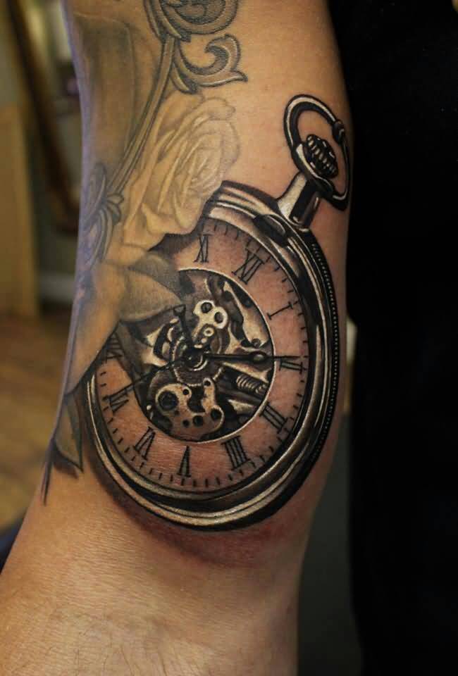Grey Clock Tattoo on Bicep