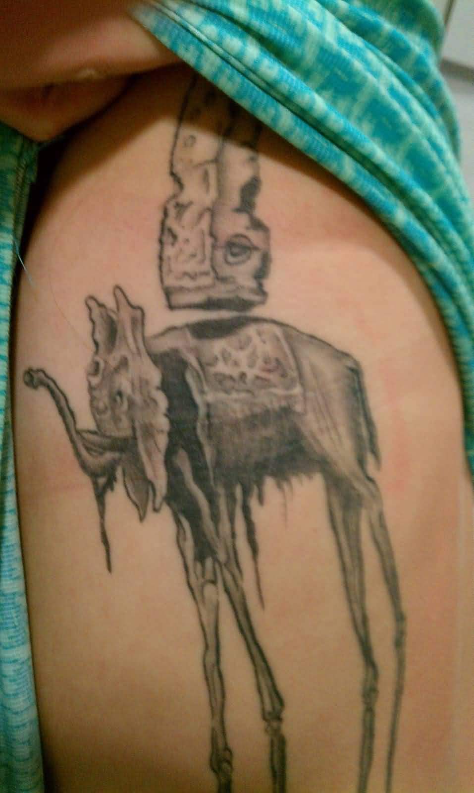 Grey Dali Elephant Tattoo On Half Sleeve