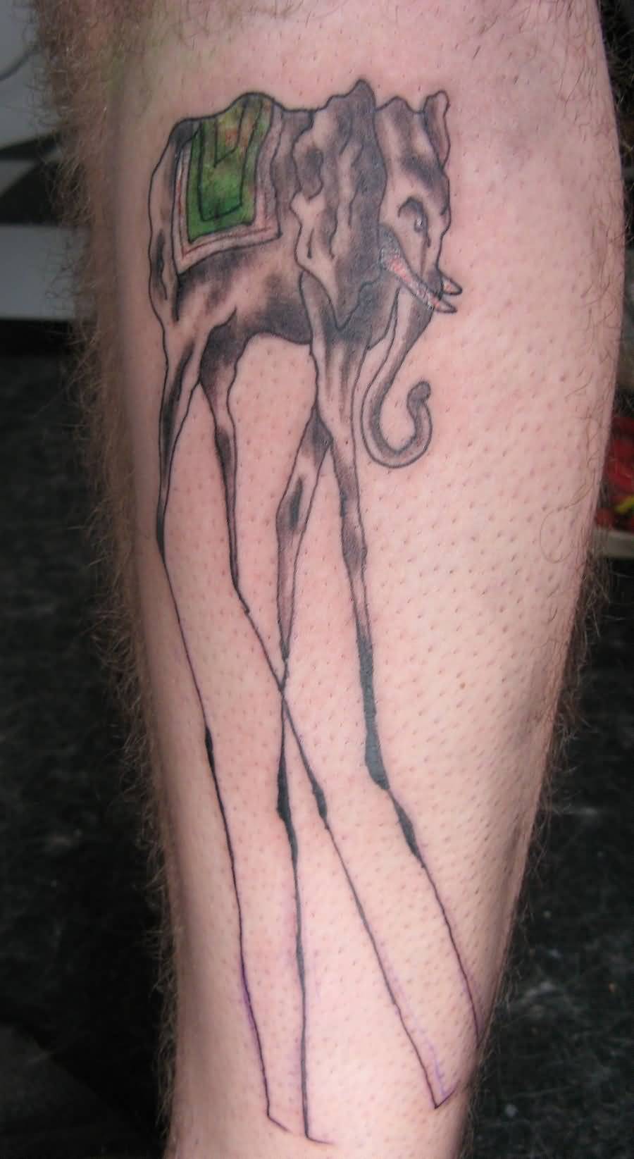 Grey Dali Elephant Tattoo On Leg
