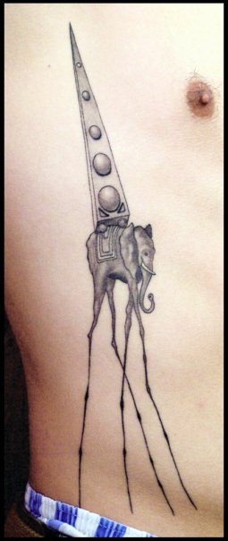 Grey Dali Elephant Tattoo On Rib Side by Wilsonrl1978