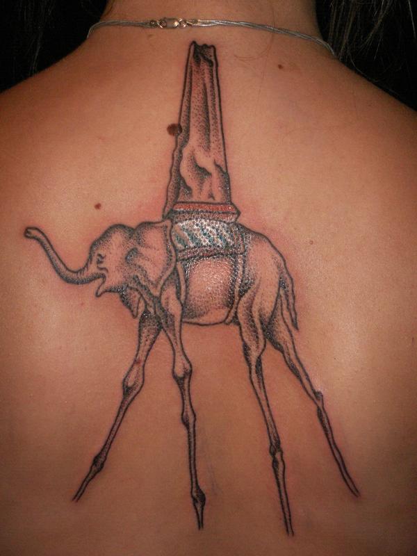 Grey Dali Elephant Tattoo On Upper Back