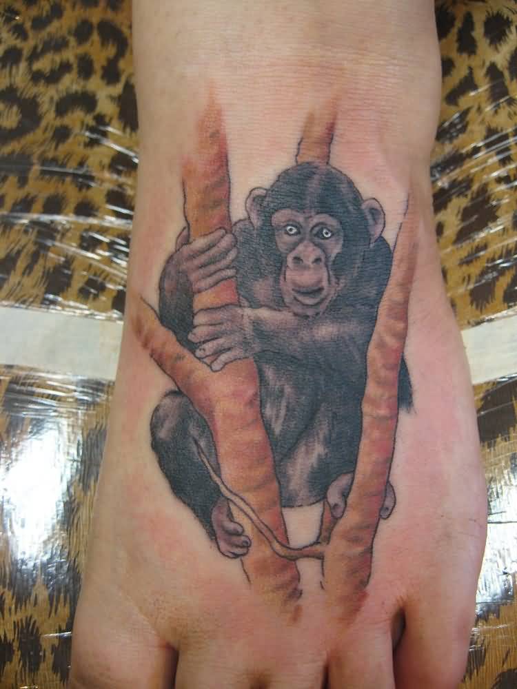 Grey Ink Chimpanzee Tattoo on Left Foot