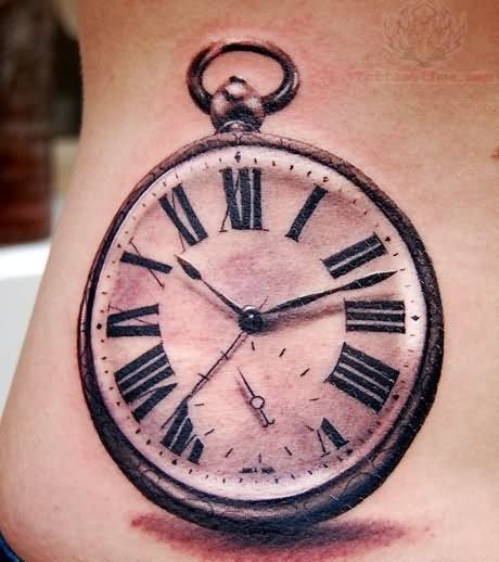 Grey Ink Clock Tattoo On Lower Back