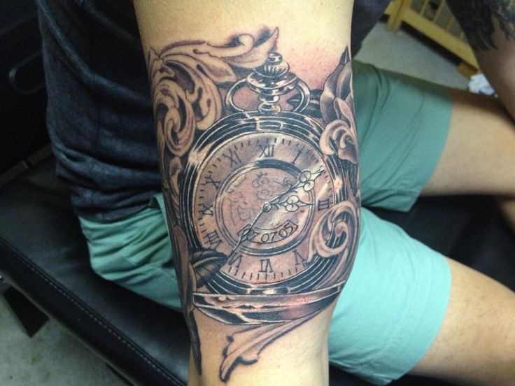 Grey Ink Clock Tattoo On Right Arm