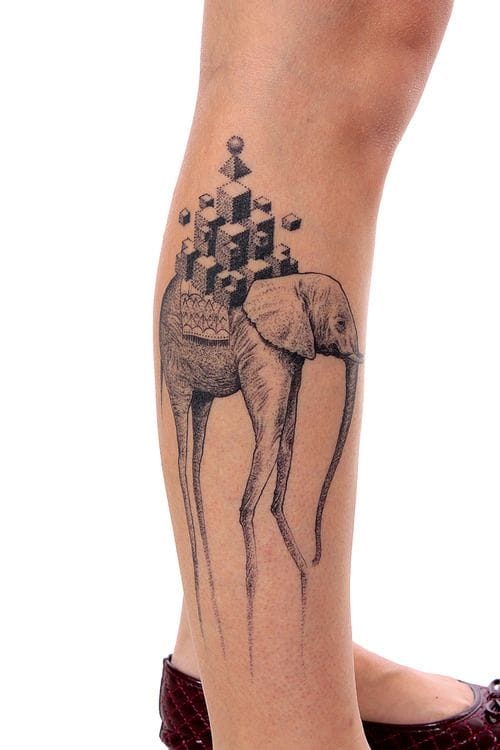 Grey Ink Dali Elephant Tattoo On Right Leg
