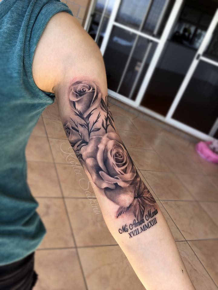 Grey Ink Feminine Roses Tattoo On Left Half Sleeve by Karlee Sabrina