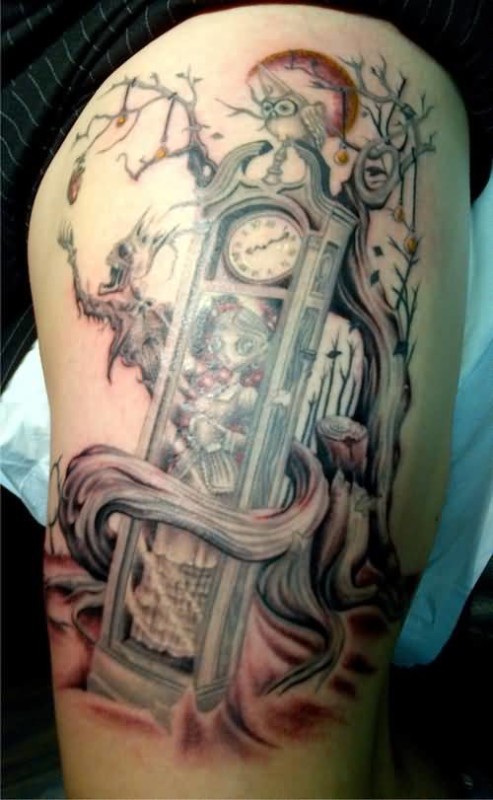 Grey Ink Tree And Grandfather Clock Tattoo On Thigh