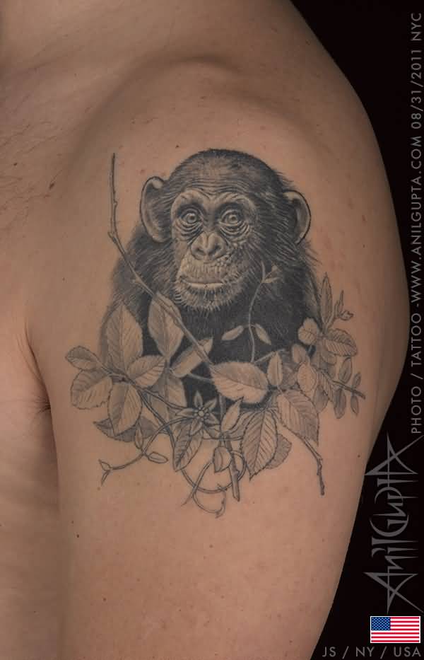 Grey Leaves And Black Chimpanzee Tattoo On Left Shoulder