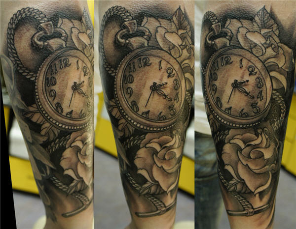 Grey Rose And Clock Tattoo On Sleeve