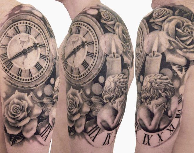Grey Rose Flower And Clock Tattoo On Left Half Sleeve