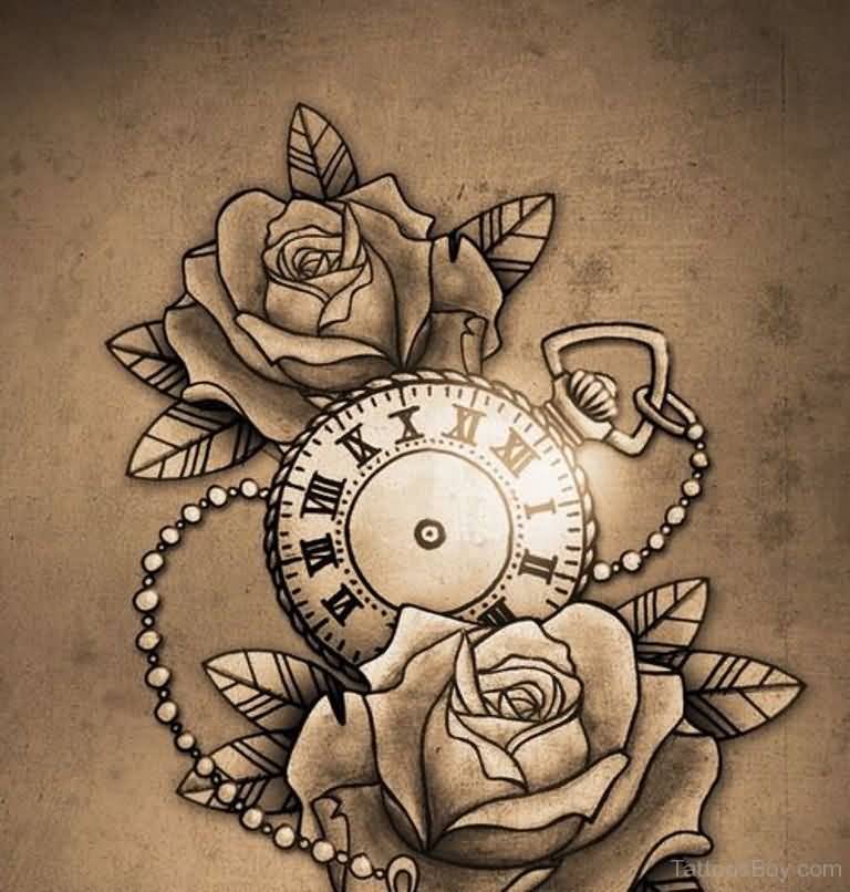 Grey Rose Flowers And Clock Tattoo Design