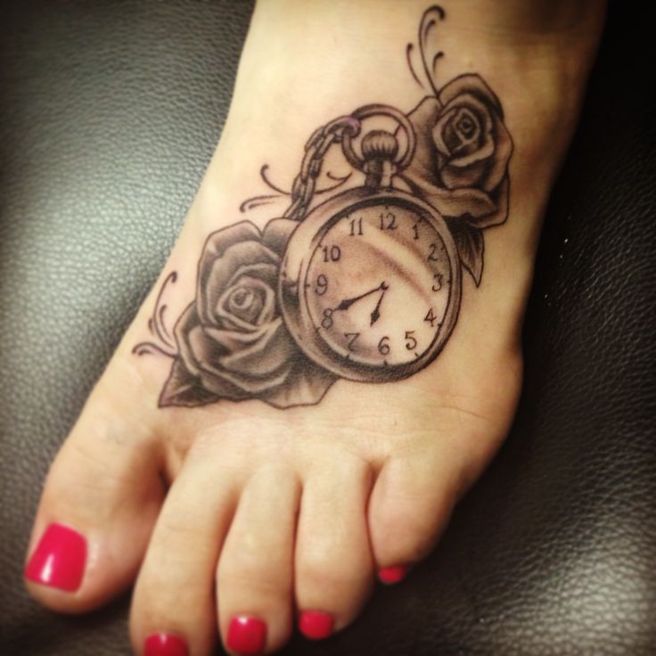 Grey Rose Flowers And Clock Tattoo On Left Foot For Girls