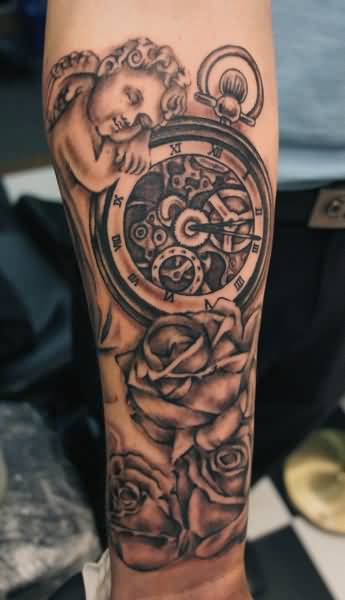 Grey Rose Flowers And Clock Tattoo On Right Forearm