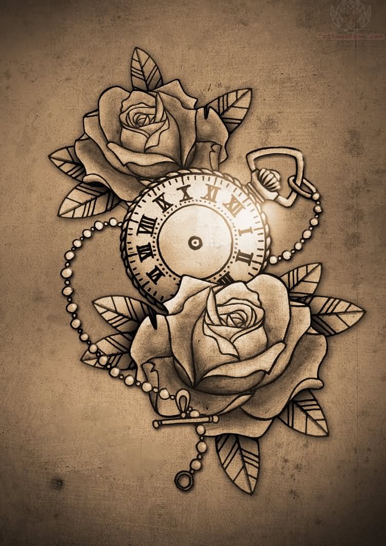 Grey Rose Flowers And Simple Clock Tattoo Designs