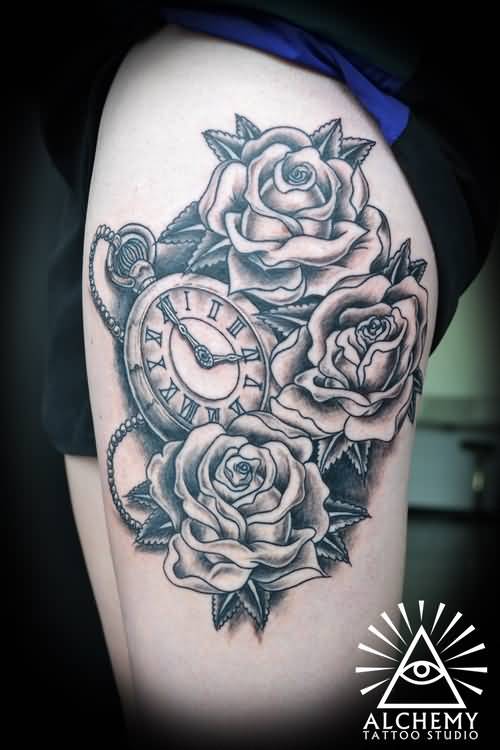 Grey Roses And Clock Tattoo On Side Thigh For Girls