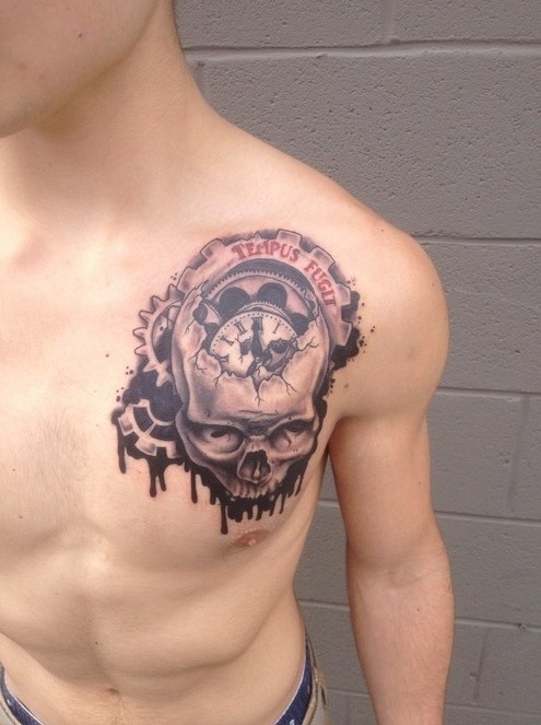 Grey Skull And Clock Gears On Front Shoulder