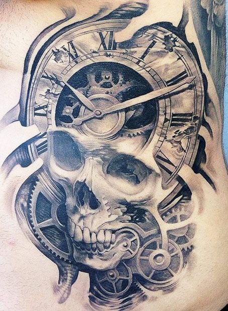 Grey Skull And Clock Tattoo On Lower Back