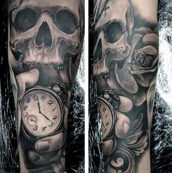 Grey Skull And Clock Tattoo