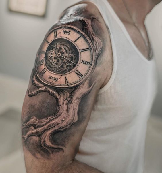Grey Tree And Clock Tattoo On Right Shoulder