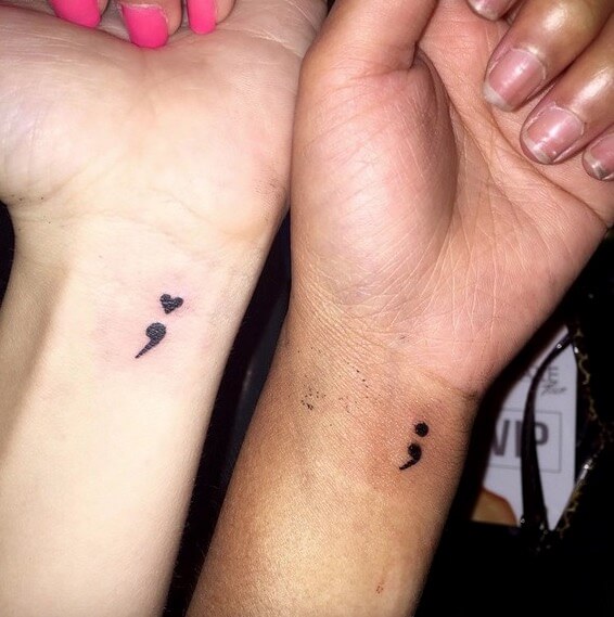 Heart Semicolon Matching Tattoos On Wrist For Couple