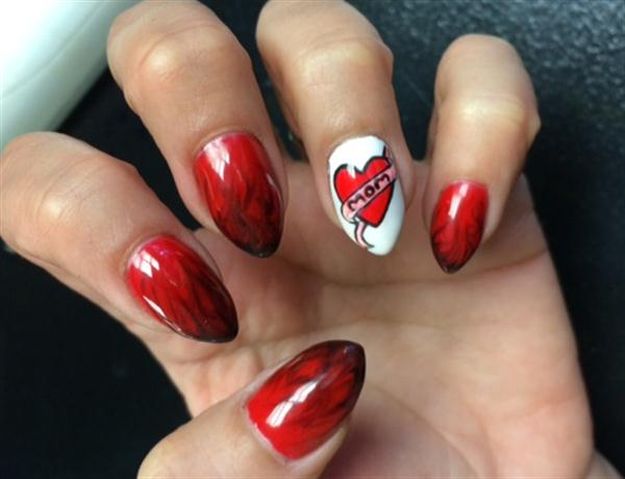 Heart With Mom Text Accent Nail Art