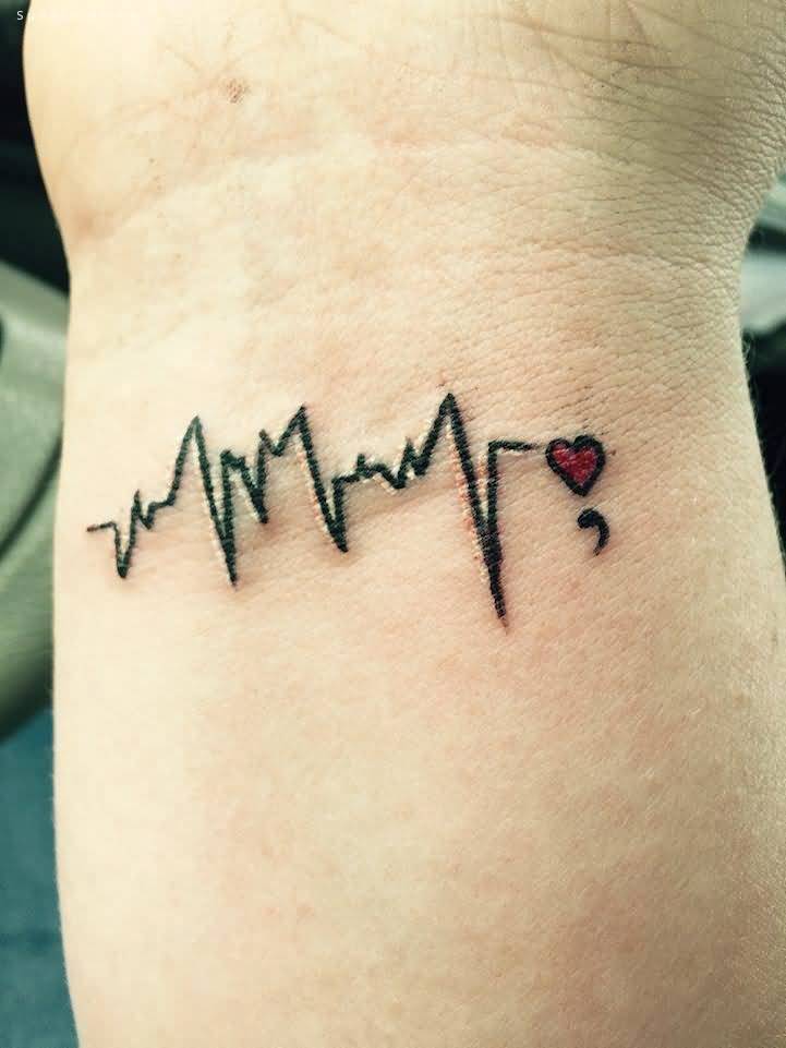 Heartbeat And Semicolon Tattoo On Wrist
