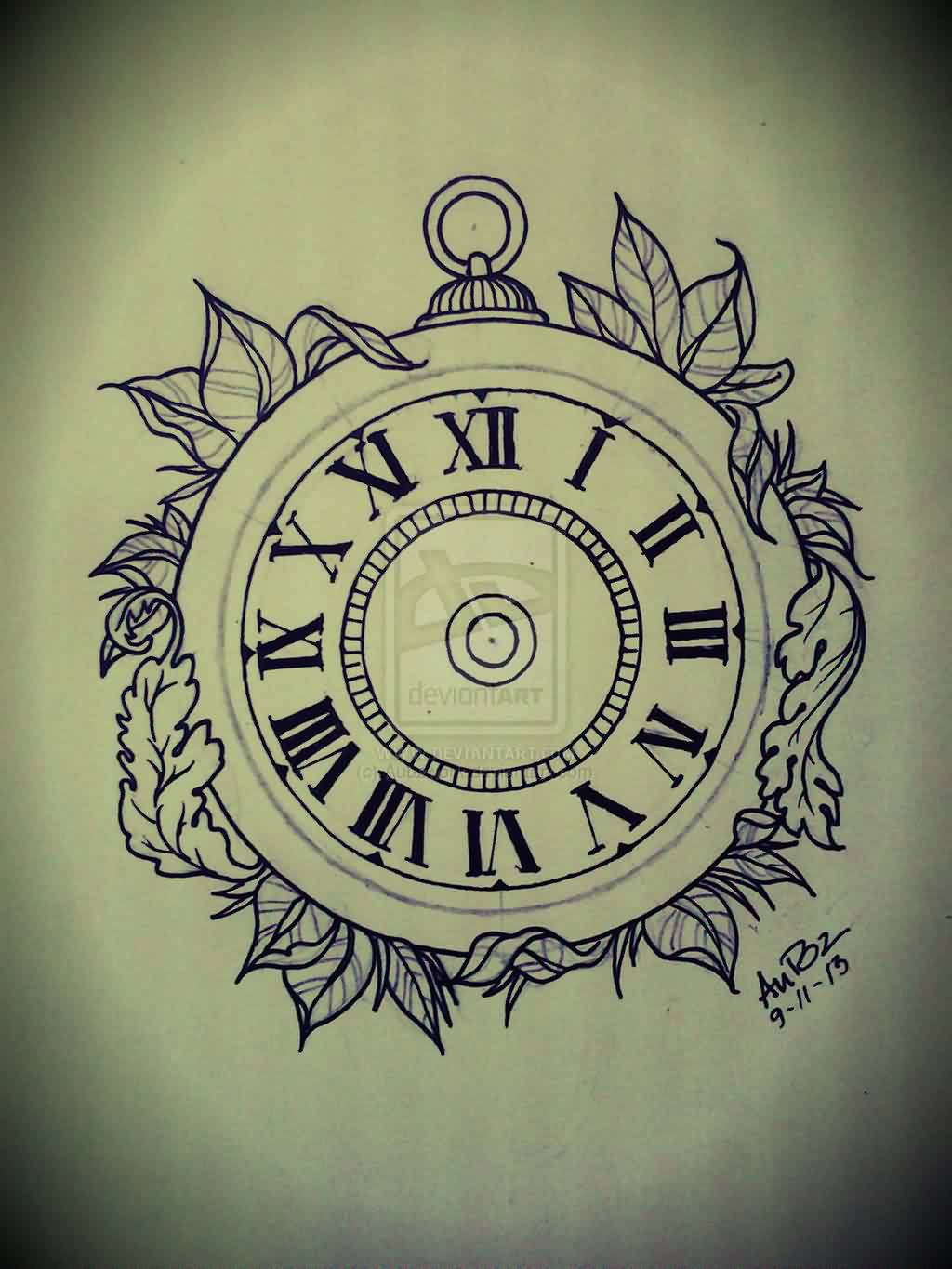 Leaves And Simple Clock Tattoo Design
