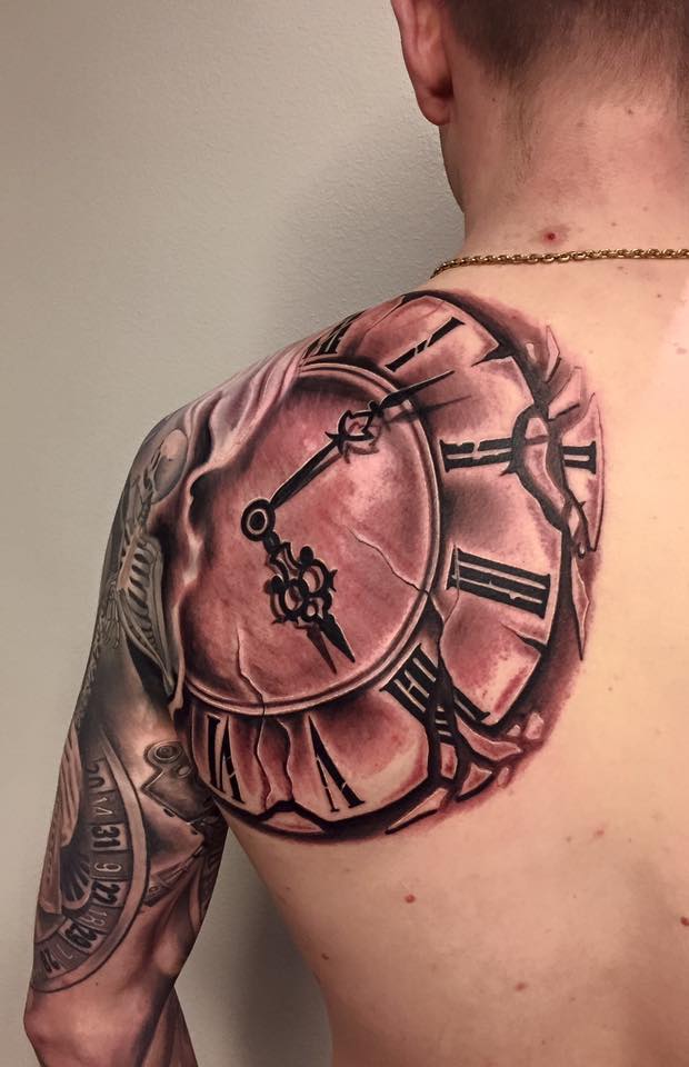 Left Back Shoulder Clock Tattoo For Men