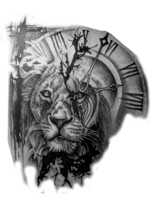 Lion Head And Clock Tattoo Design
