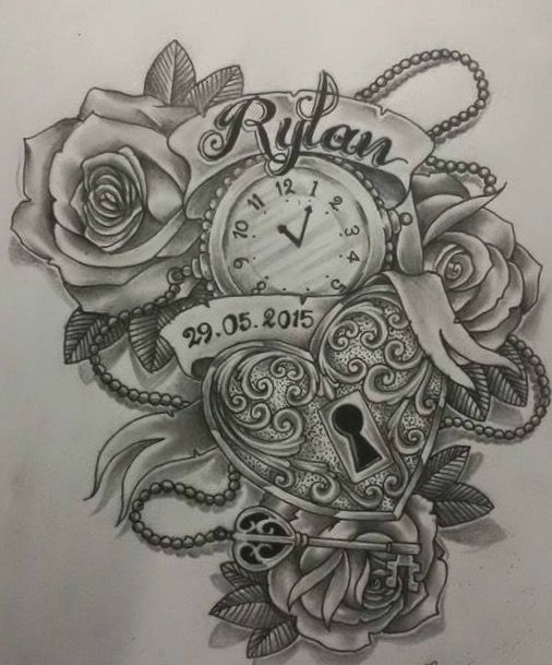 Lock Heart and Clock Tattoo Design