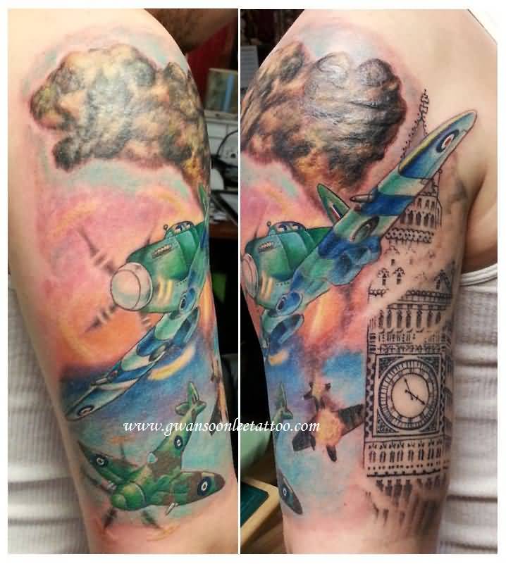 London Clock Tower And Spitfire Tattoo On Half Sleeve