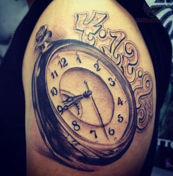 Man Left Shoulder Clock Tattoo