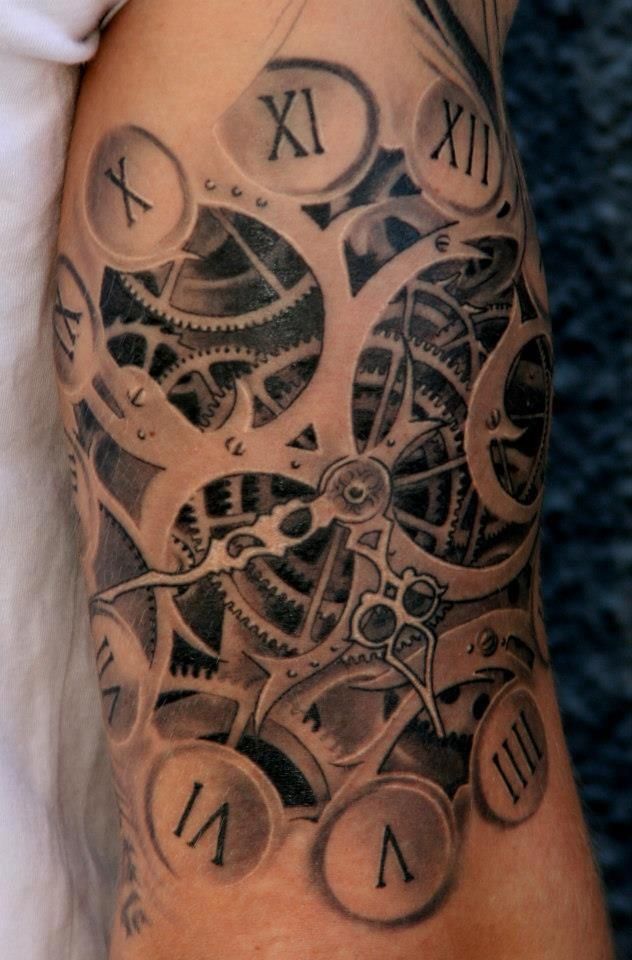 Mechanical Clock Tattoo On Left Bicep