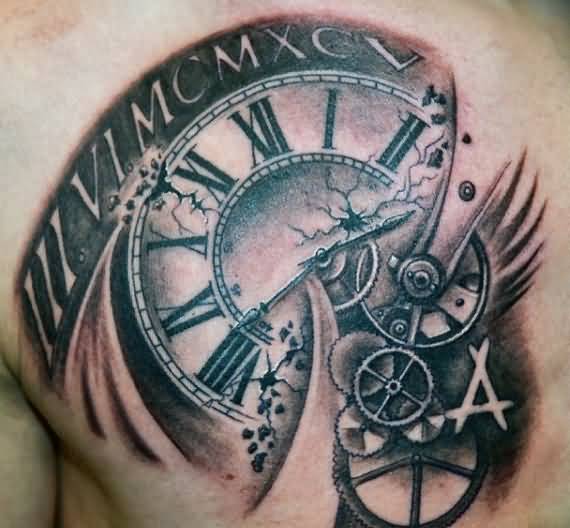 Mechanical Grey Clock Tattoo On Man Chest