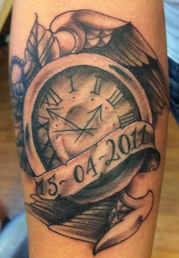 Memorial Banner And Clock Tattoo On Right Sleeve