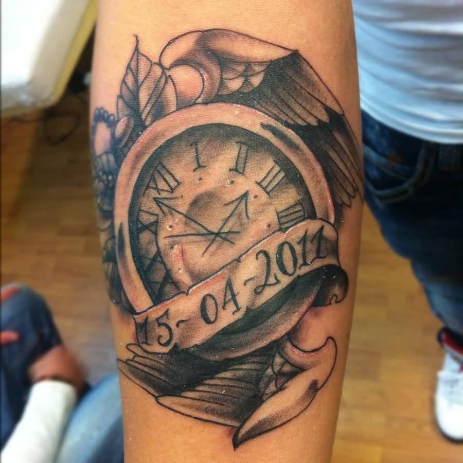 Memorial Banner With Clock In Angel Wings Tattoo