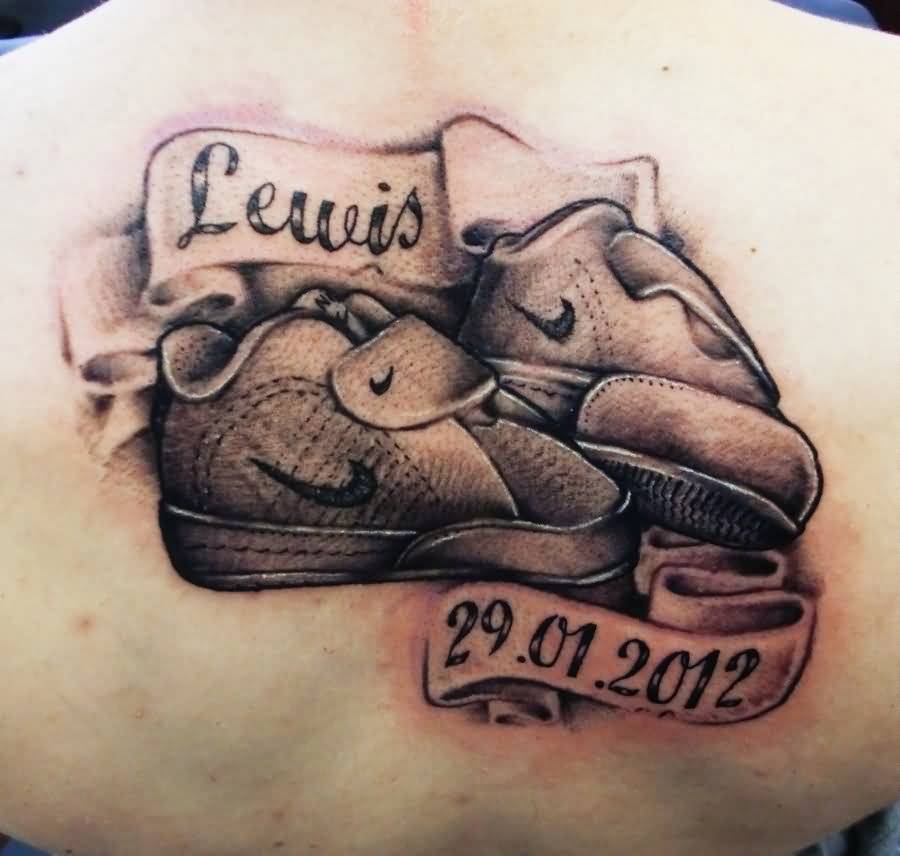 Memorial Shoes Tattoo On Upper Back
