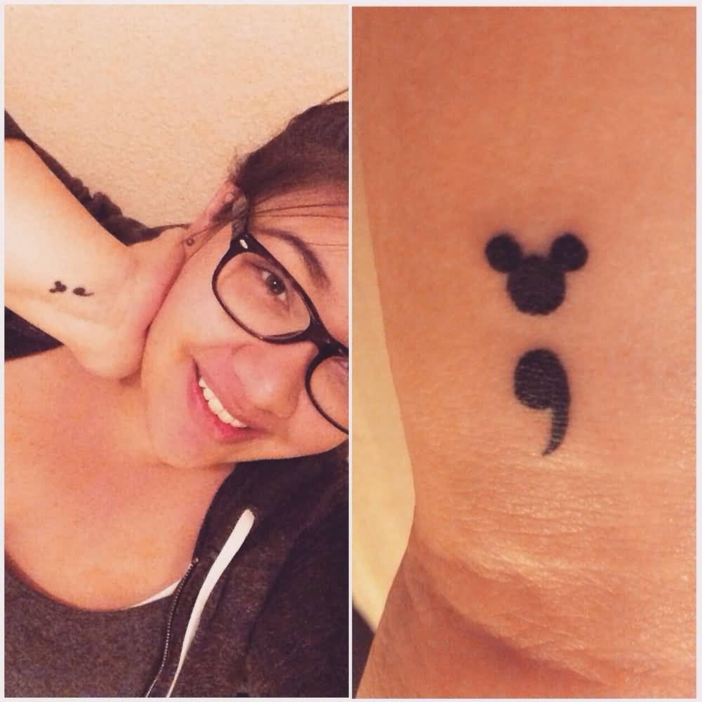 Mickey Mouse Semicolon Tattoo On Wrist