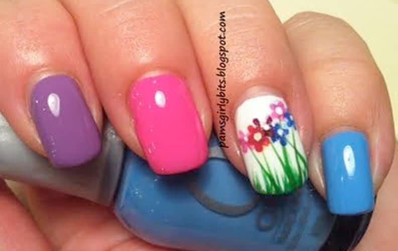 Multicolored Flowers Accent Nail Art