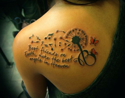 Music Notes Blowing From Dandelions With Quote And Butterfly Tattoo On Upper Back